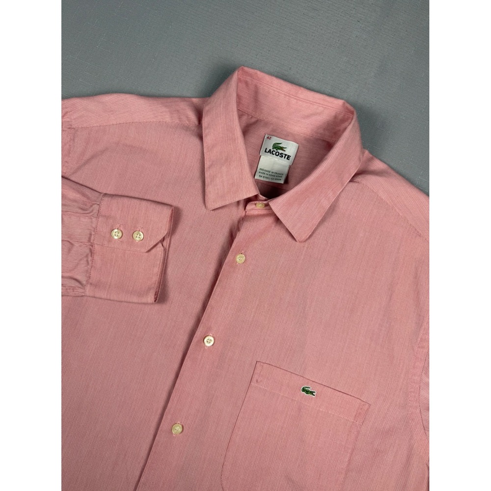 Lacoste Mens Pink Micro Stripe Button Down Shirt Long Sleeve Size 42 Cotton